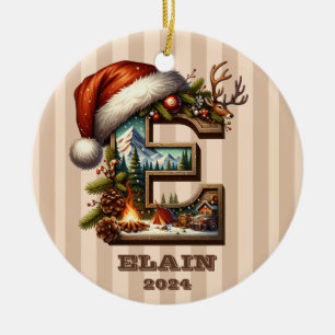 Vintage Christmas Letter E with Winter Scene Ceramic Tree Decoration