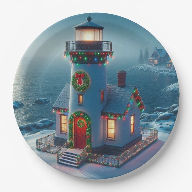 Vintage Christmas lighthouse Paper Plate (Front)