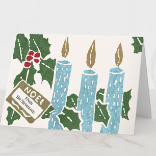 Vintage Christmas Linocut Print Candles Greeting Card