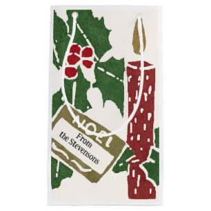 Vintage Christmas Linocut Print Candles Small Gift Bag