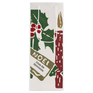 Vintage Christmas Linocut Print Candles Wine Gift Bag