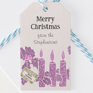 Vintage Christmas Linocut Print Pink Candles Gift Tags