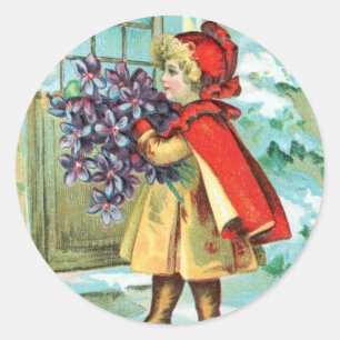 Vintage Christmas Little Girl & Violets Classic Round Sticker