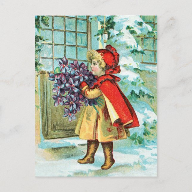 Vintage Christmas Little Girl & Violets Holiday Postcard (Front)
