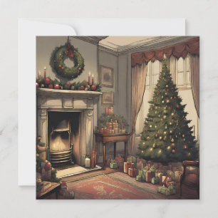 Vintage Christmas Living Room with Christmas Tree Holiday Card