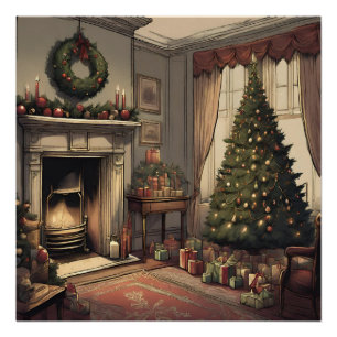 Vintage Christmas Living Room with Christmas Tree Poster