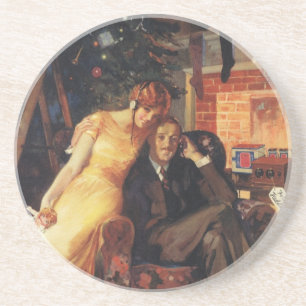 Vintage Christmas, Love and Romance Couple Coaster