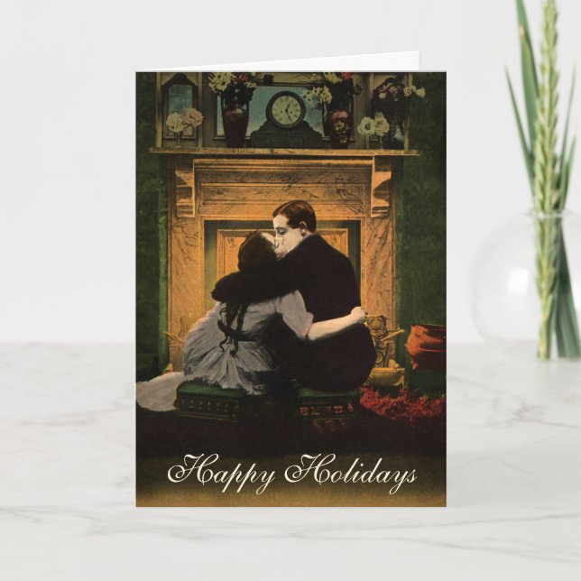 Vintage Christmas, Love and Romance Fireplace Holiday Card (Front)