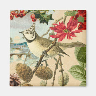 Vintage Christmas magnet w/ bird and red flower