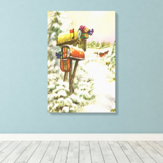 Vintage Christmas, Mailboxes in Winter Landscape Canvas Print