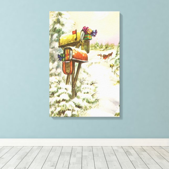 Vintage Christmas, Mailboxes in Winter Landscape  Canvas Print (Insitu(Wood Floor))