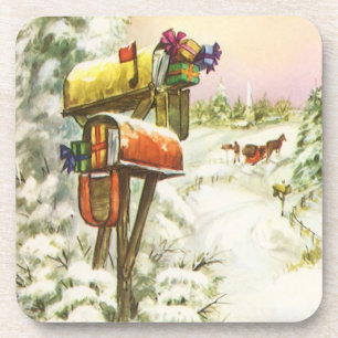 Vintage Christmas, Mailboxes in Winter Landscape Coaster