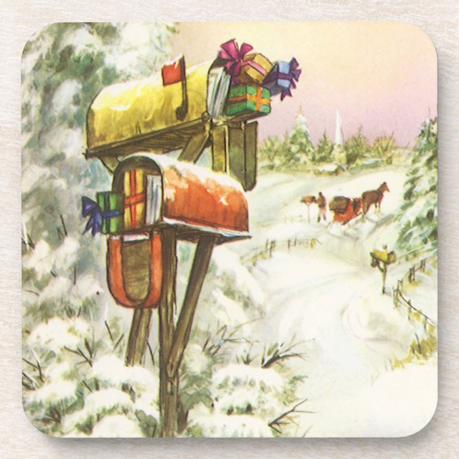 Vintage Christmas, Mailboxes in Winter Landscape  Coaster (Front)