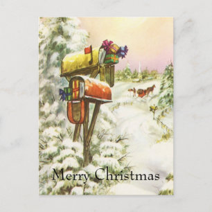 Vintage Christmas, Mailboxes in Winter Landscape Holiday Postcard