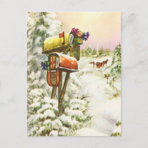 Vintage Christmas, Mailboxes in Winter Landscape Holiday Postcard