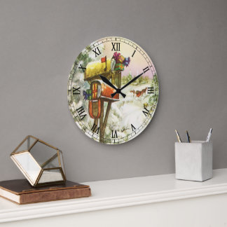 Vintage Christmas, Mailboxes in Winter Landscape Large Clock
