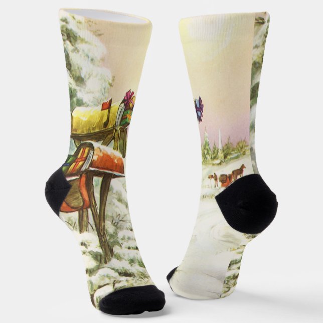 Vintage Christmas, Mailboxes in Winter Landscape  Socks (Angled)