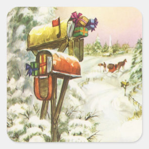 Vintage Christmas, Mailboxes in Winter Landscape Square Sticker
