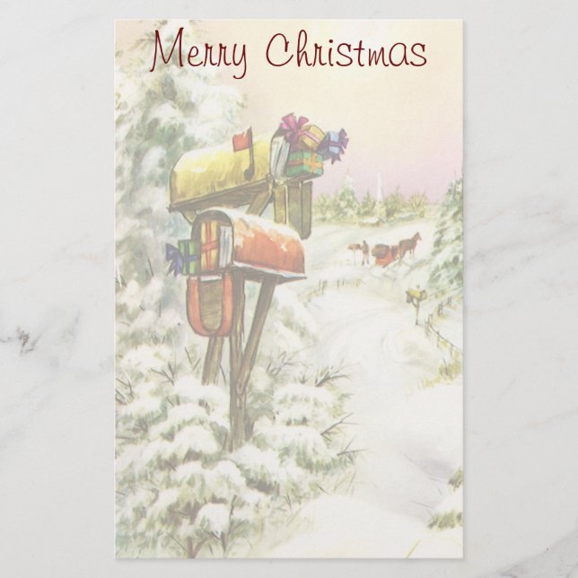 Vintage Christmas, Mailboxes in Winter Landscape  Stationery (Front)