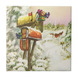 Vintage Christmas, Mailboxes in Winter Landscape Tile