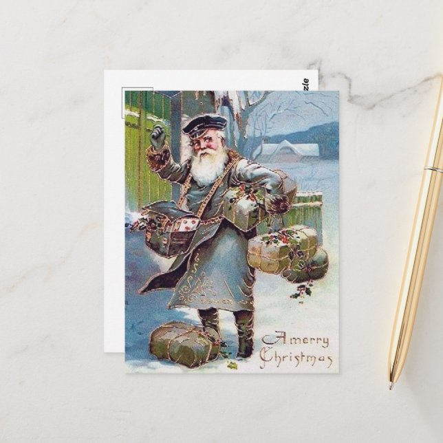 vintage Christmas mailman festive Postcard (Front/Back In Situ)