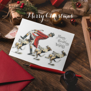 Vintage Christmas Man With Dogs Dancing Holiday Card