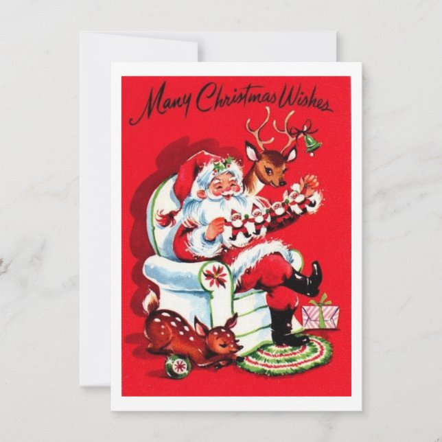 Vintage Christmas Many Wishes Holiday Card (Front)