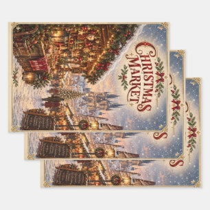 Vintage Christmas Market , European Travel holiday Wrapping Paper Sheet