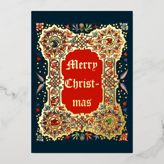 Vintage Christmas Mediaeval  Illuminated Style Foil Holiday Card (Front)