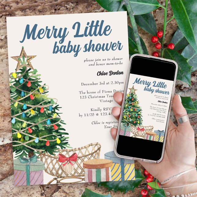 Vintage Christmas Merry Little Baby Shower Invitation (Merry Little baby shower invitation for the holiday season with crib under the christmas tree)