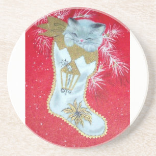 Vintage Christmas Mid Century Kitten Coaster