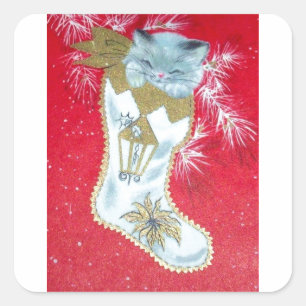 Vintage Christmas Mid Century Pastel Kitten Square Sticker