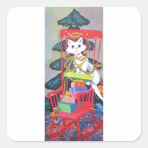 Vintage Christmas Mid Century Pastel Kitten Square Sticker
