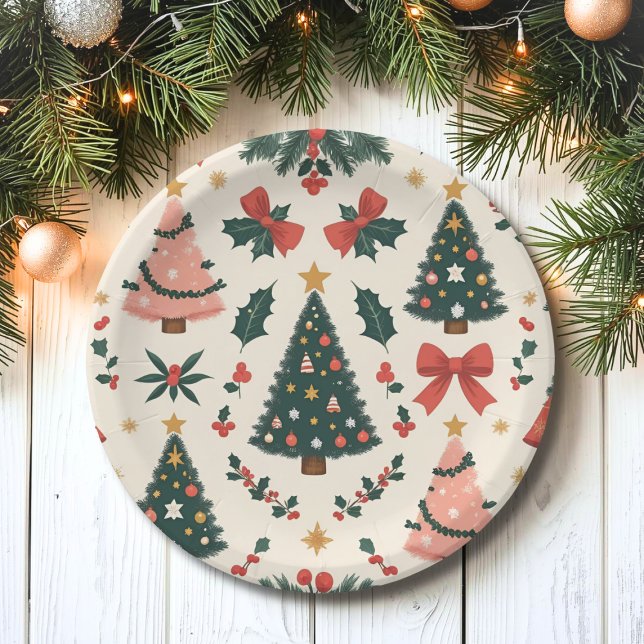Vintage Christmas Mistletoe & Bows Holiday Paper Plate (Creator Uploaded)