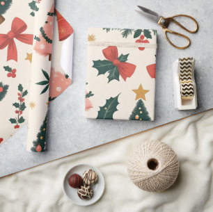 Vintage Christmas Mistletoe & Bows Holiday Wrapping Paper