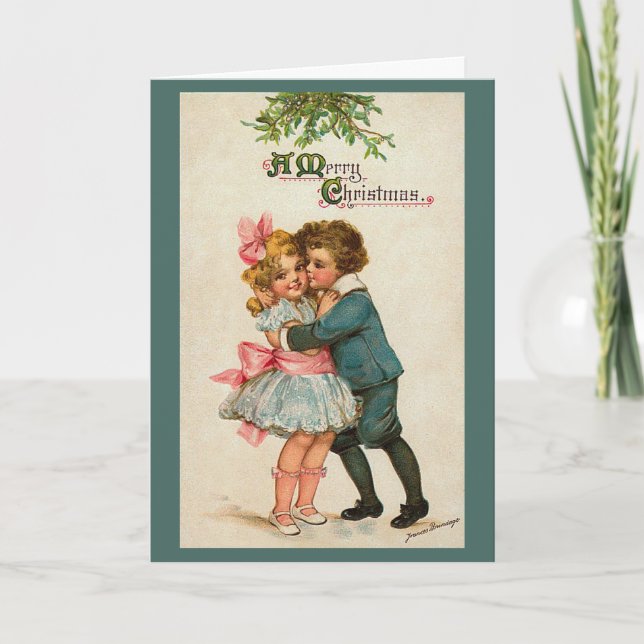 Vintage Christmas Mistletoe Kiss Greeting Card (Front)
