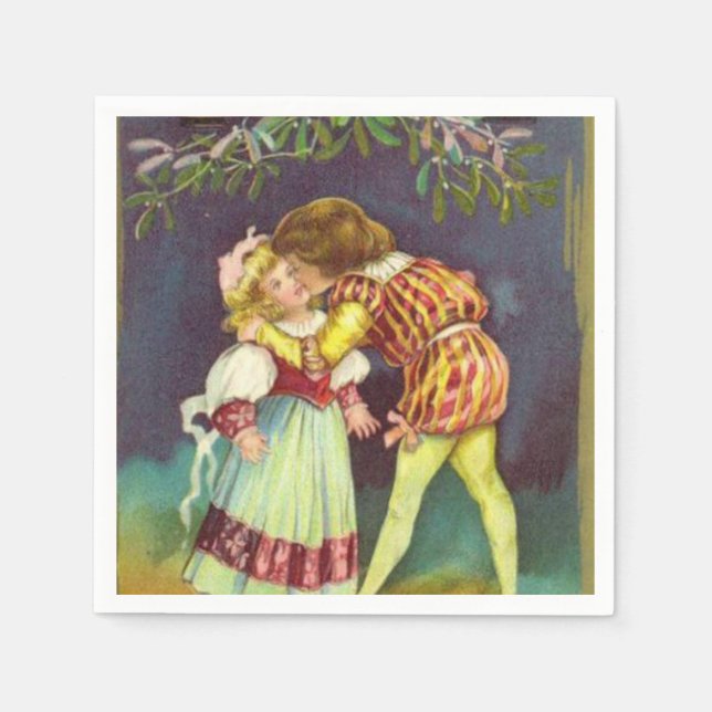 Vintage Christmas Mistletoe kiss paper napkins (Front)
