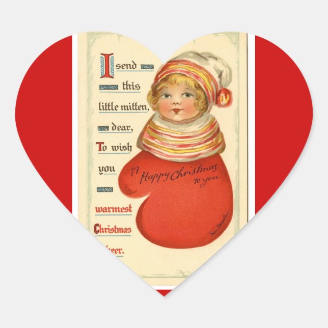 Vintage Christmas Mitten Girl Heart Stickers (Front)