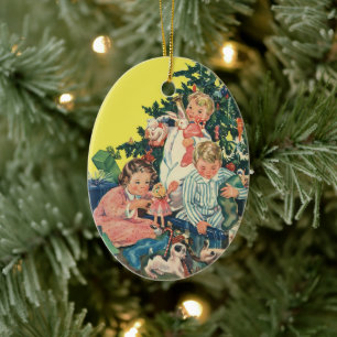 Vintage Christmas Morning, Children Opening Gifts Ceramic Tree Decoration