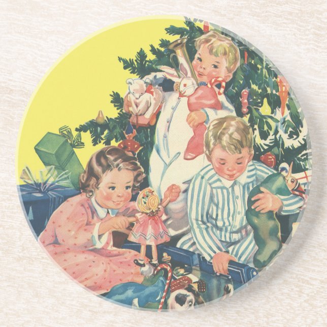 Vintage Christmas Morning, Children Opening Gifts Coaster (Front)