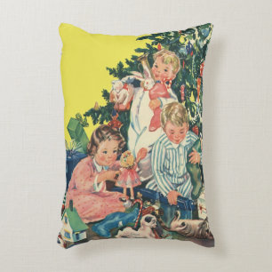 Vintage Christmas Morning, Children Opening Gifts Decorative Cushion