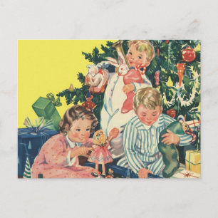 Vintage Christmas Morning, Children Opening Gifts Holiday Postcard