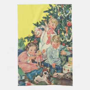 Vintage Christmas Morning, Children Opening Gifts Tea Towel
