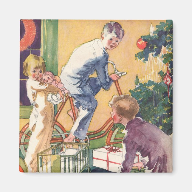 Vintage Christmas Morning, Children with Presents Magnet (Front)