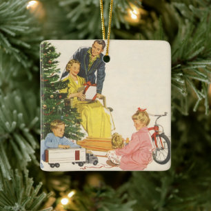 Vintage Christmas Morning, Family Opening Presents Ceramic Tree Decoration