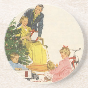 Vintage Christmas Morning, Family Opening Presents Coaster