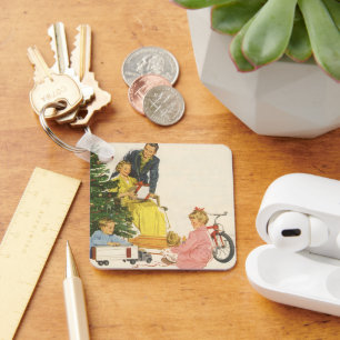 Vintage Christmas Morning, Family Opening Presents Key Ring