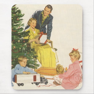 Vintage Christmas Morning, Family Opening Presents Mouse Mat