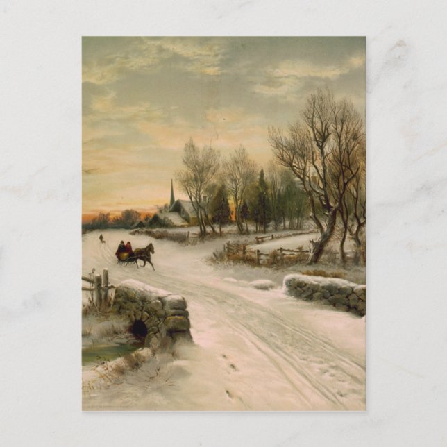 Vintage Christmas Morning Sleigh Ride Holiday Postcard (Front)
