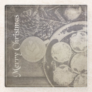 Vintage Christmas Motif with Cookies and Coffee Glass Coaster